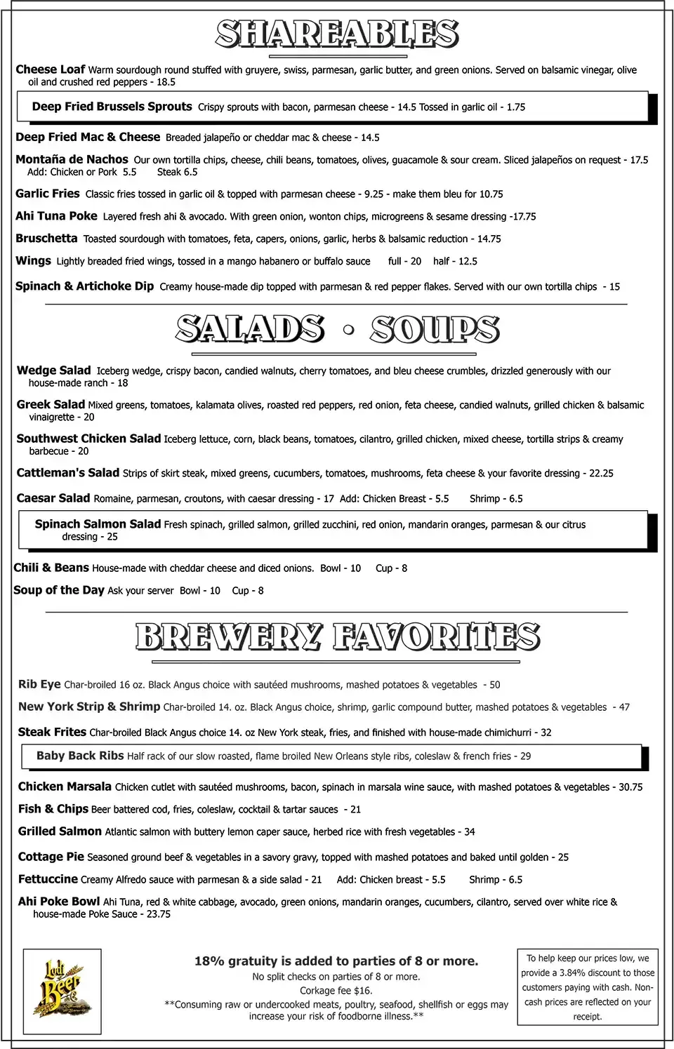 Menu for a brewery with shared plates, salads, soups, and entrees.