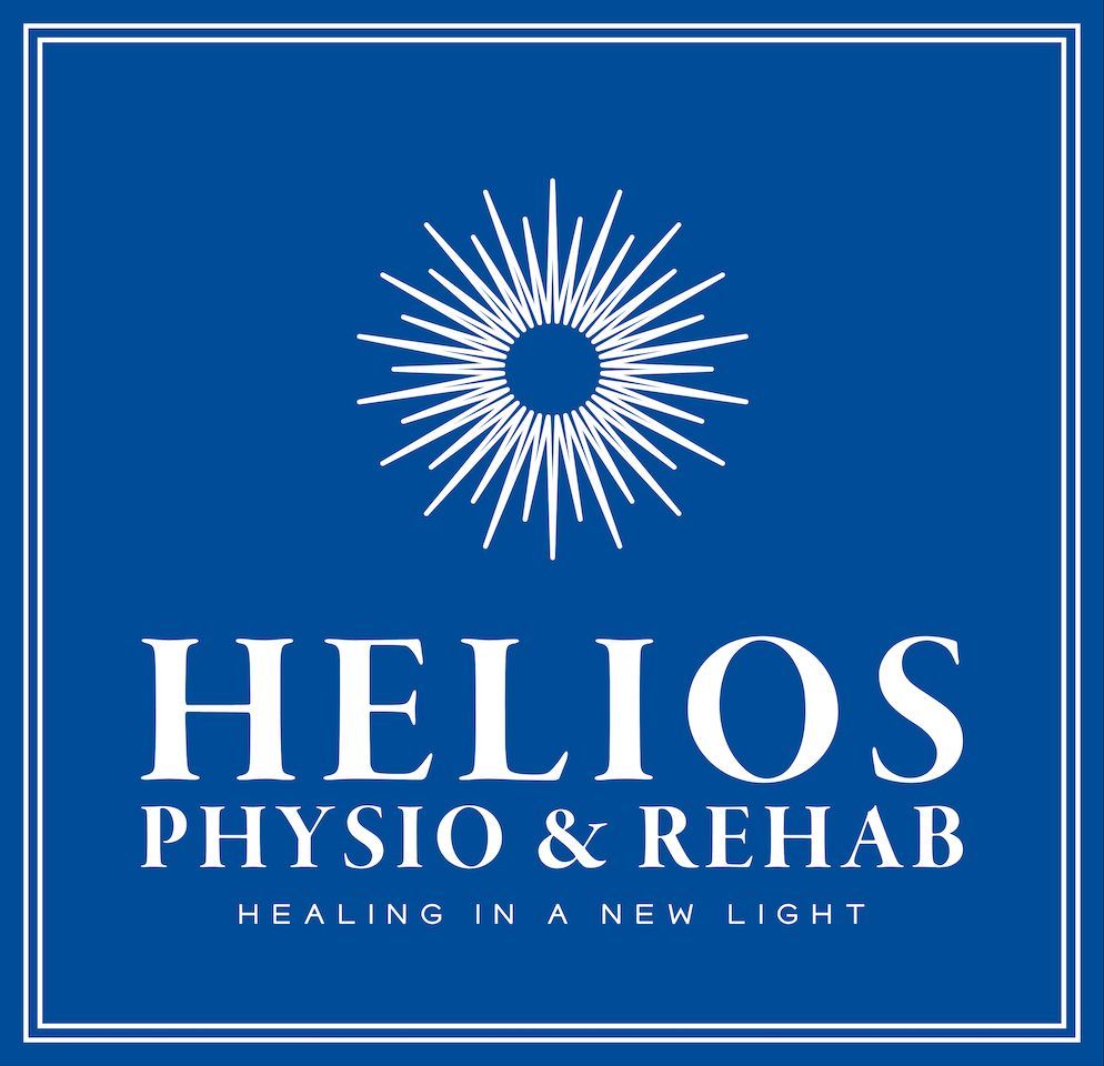 Logo for Helios Physio & Rehab. Blue square with white text and radiant sunburst design.