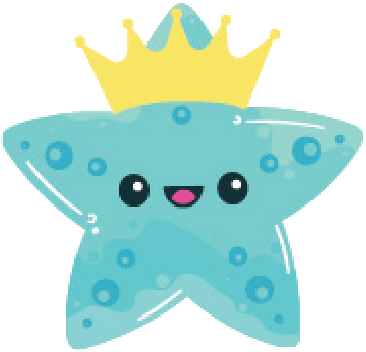 A blue starfish with a yellow crown on its head.