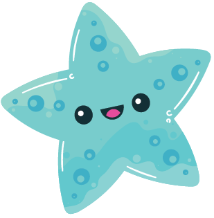 A blue starfish with bubbles and a smiling face
