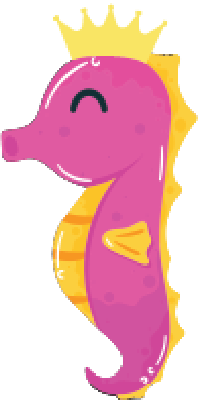 A pink seahorse with a yellow tail and a crown on its head.