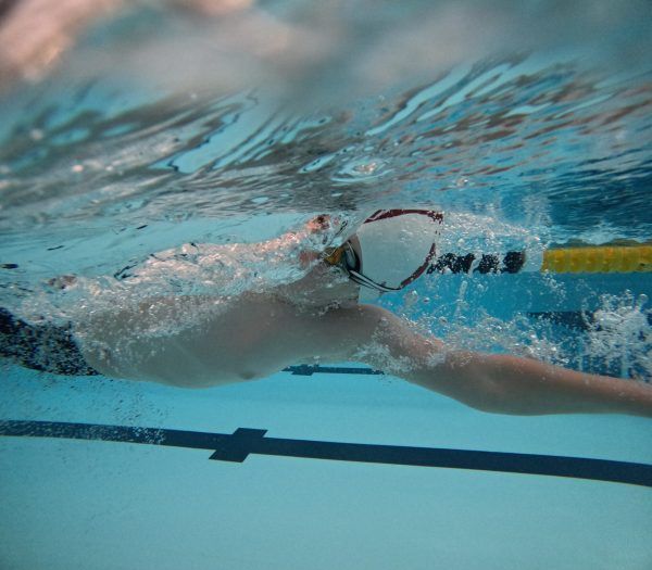 A man is swimming underwater in a swimming pool.
