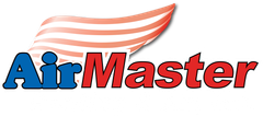 A red , white and blue logo for airmaster