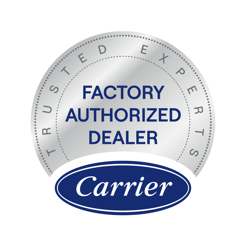 A carrier factory authorized dealer logo that says turn to the experts