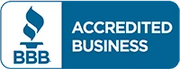 A blue and white sign that says accredited business on it.