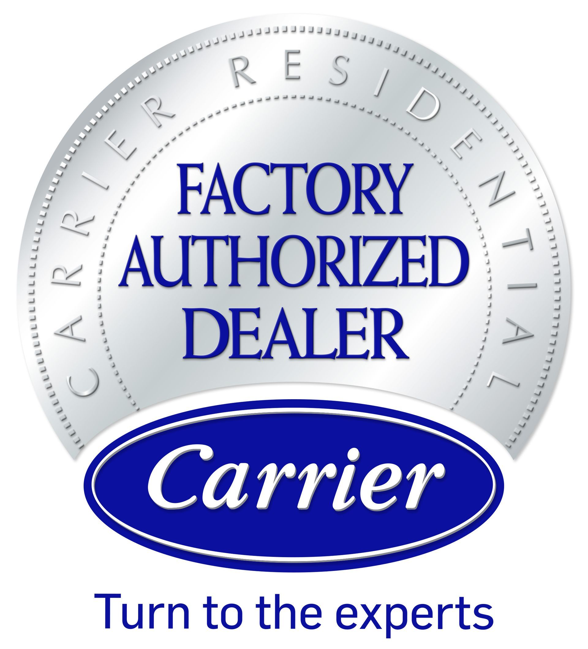 A carrier factory authorized dealer logo that says turn to the experts