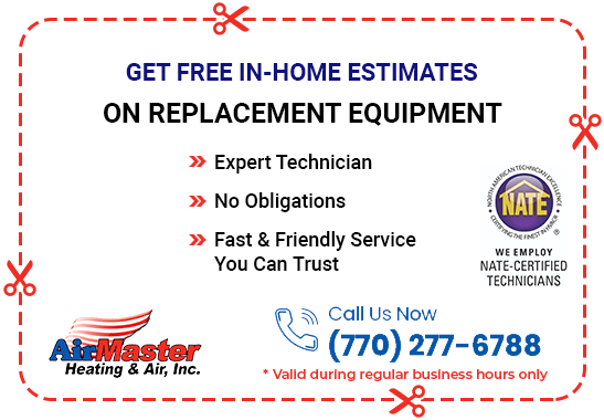 A coupon for airmaster heating and air inc. that says get free in-home estimates on replacement equipment