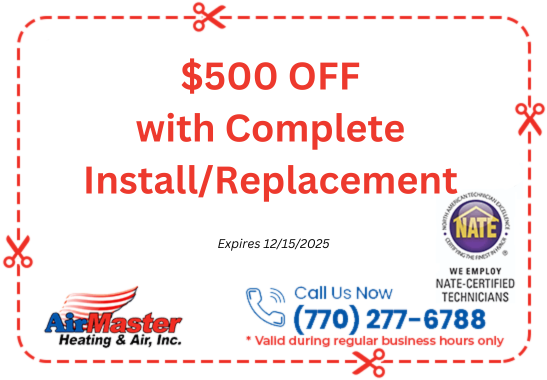 A coupon for airmaster heating and air inc. that says get free in-home estimates on replacement equipment