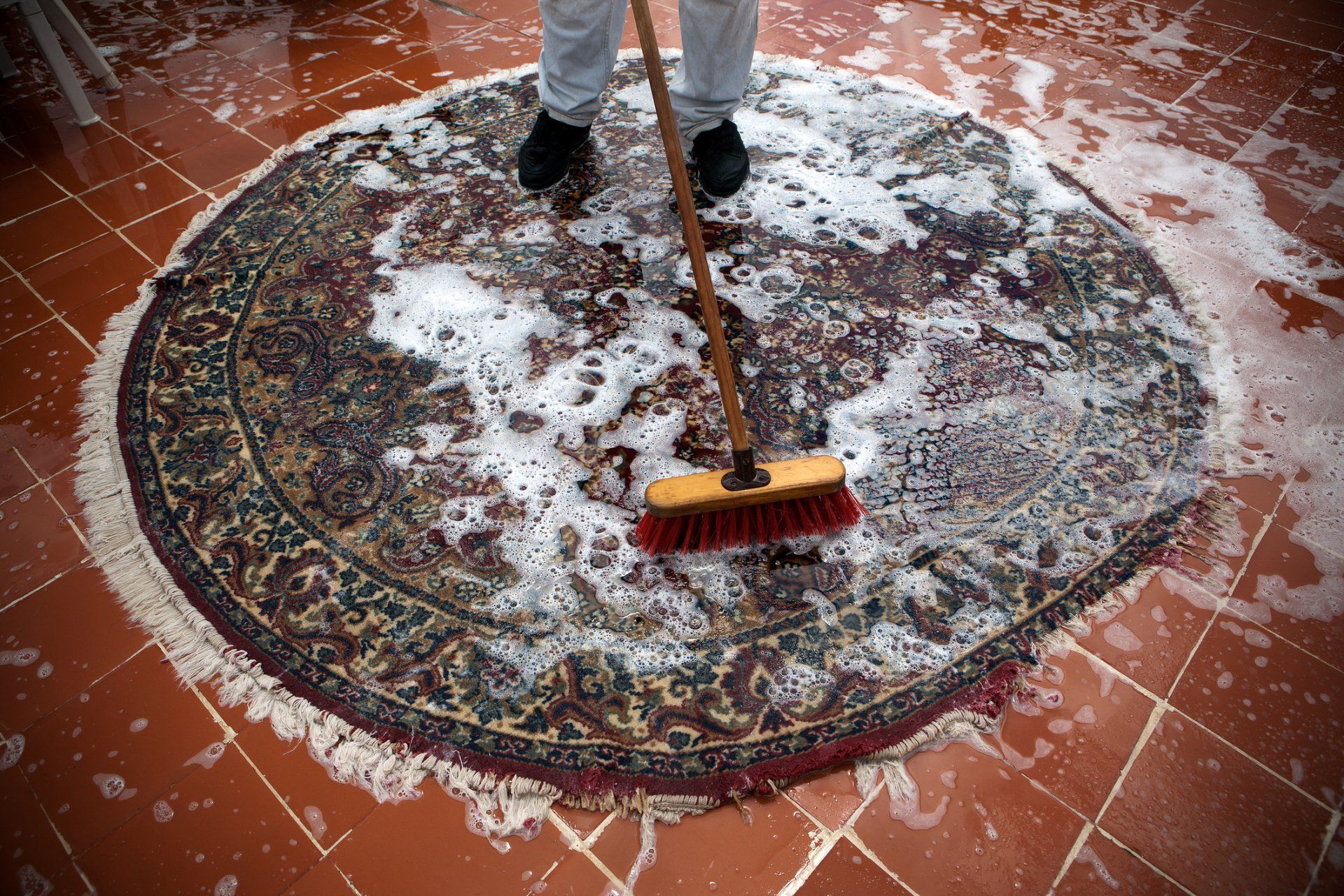 Rug washing, two feet in black work shoes standing on top of round persian fringe-lined rug brushing soapy solution with a wooden brush with red bristles.