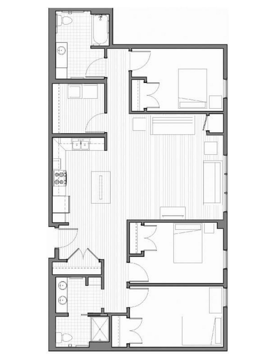 A black and white floor plan of a house with three bedrooms and a bathroom.