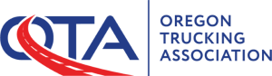 The logo for the oregon trucking association shows a red and blue road.