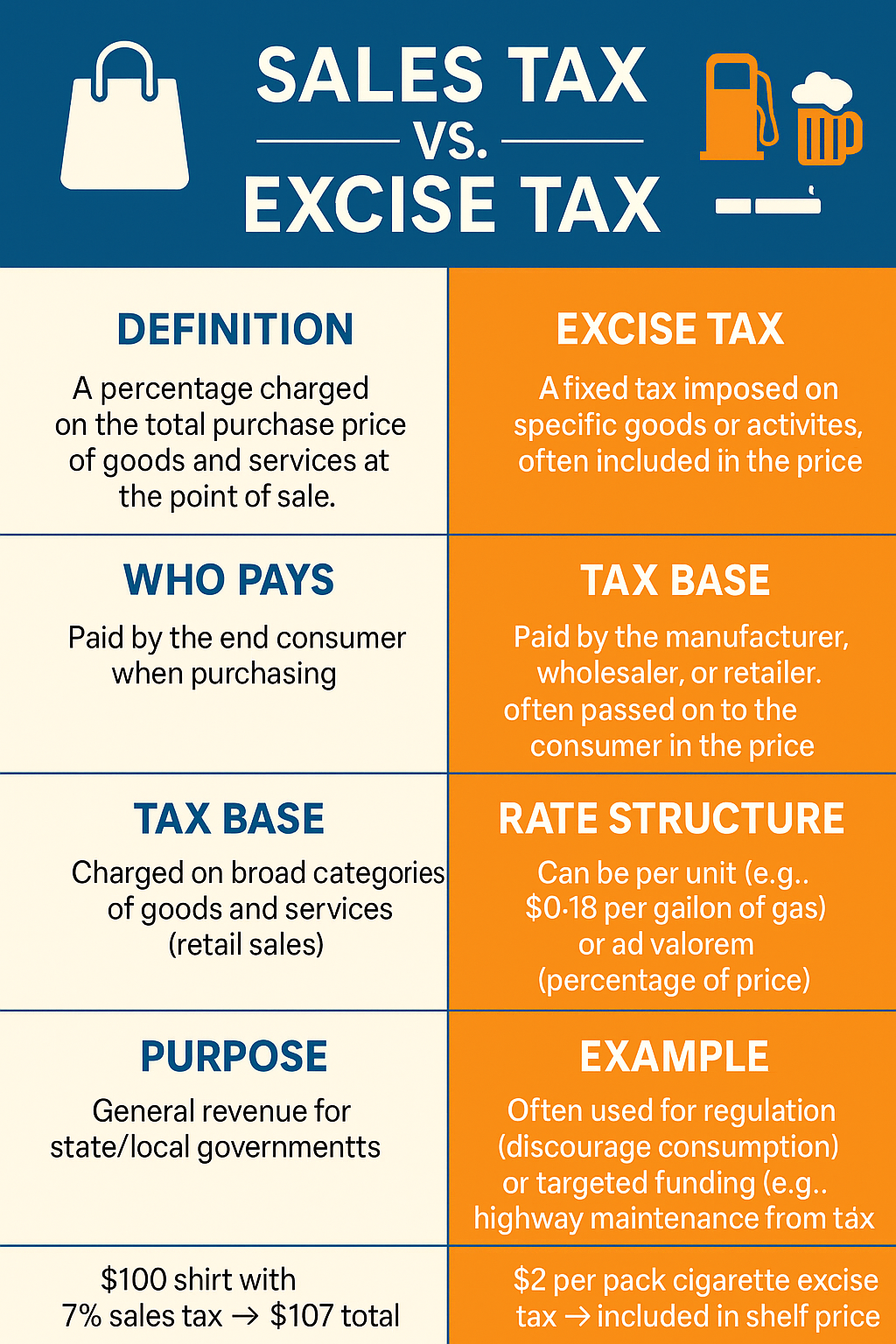 Infographic comparing Sales Tax vs. Excise Tax.