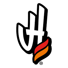 A logo for a church with a cross and a flame.