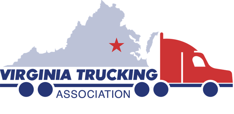 The logo for the virginia trucking association shows a red truck and a map of virginia.