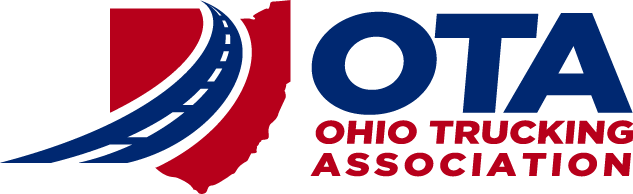 The logo for the ohio trucking association is red , white and blue.