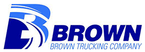 A blue and white logo for brown trucking company