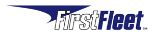 A blue and white logo for first fleet on a white background
