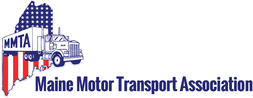 The maine motor transport association logo has a truck and an american flag on it.