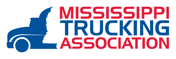 The logo for the mississippi trucking association has a blue truck on it.