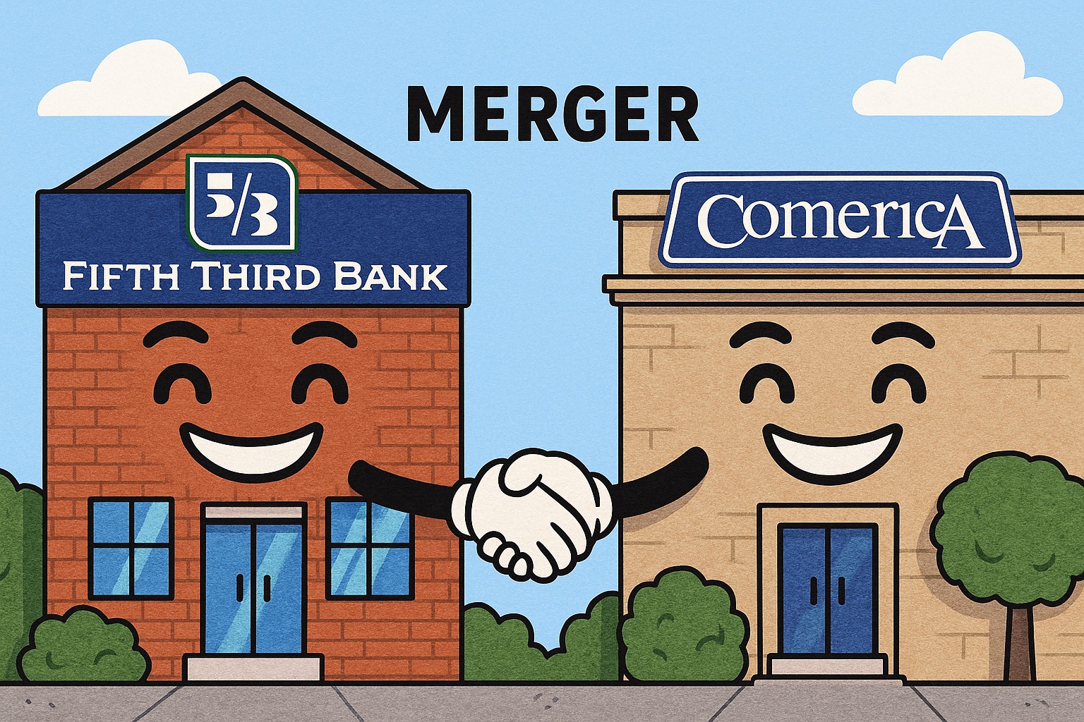 Cartoon of Fifth Third Bank and Comerica buildings shaking hands, symbolizing a merger.