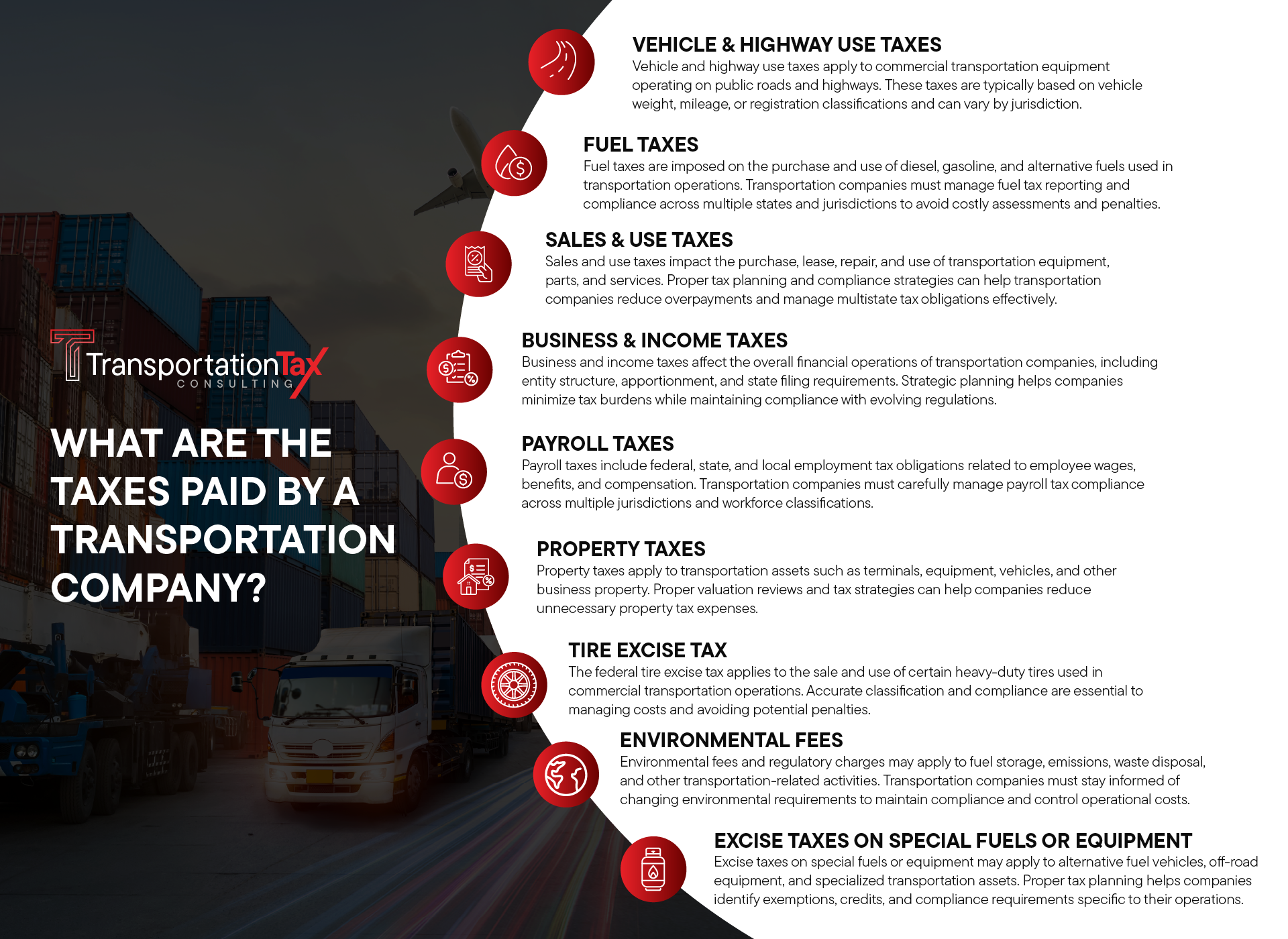 Infographic from Transportation Tax Consulting outlining taxes paid by transportation companies, including vehicle and highway use taxes, fuel taxes, sales and use taxes, business taxes, payroll taxes, property taxes, tire excise tax, environmental fees, and excise taxes on special fuels or equipment.