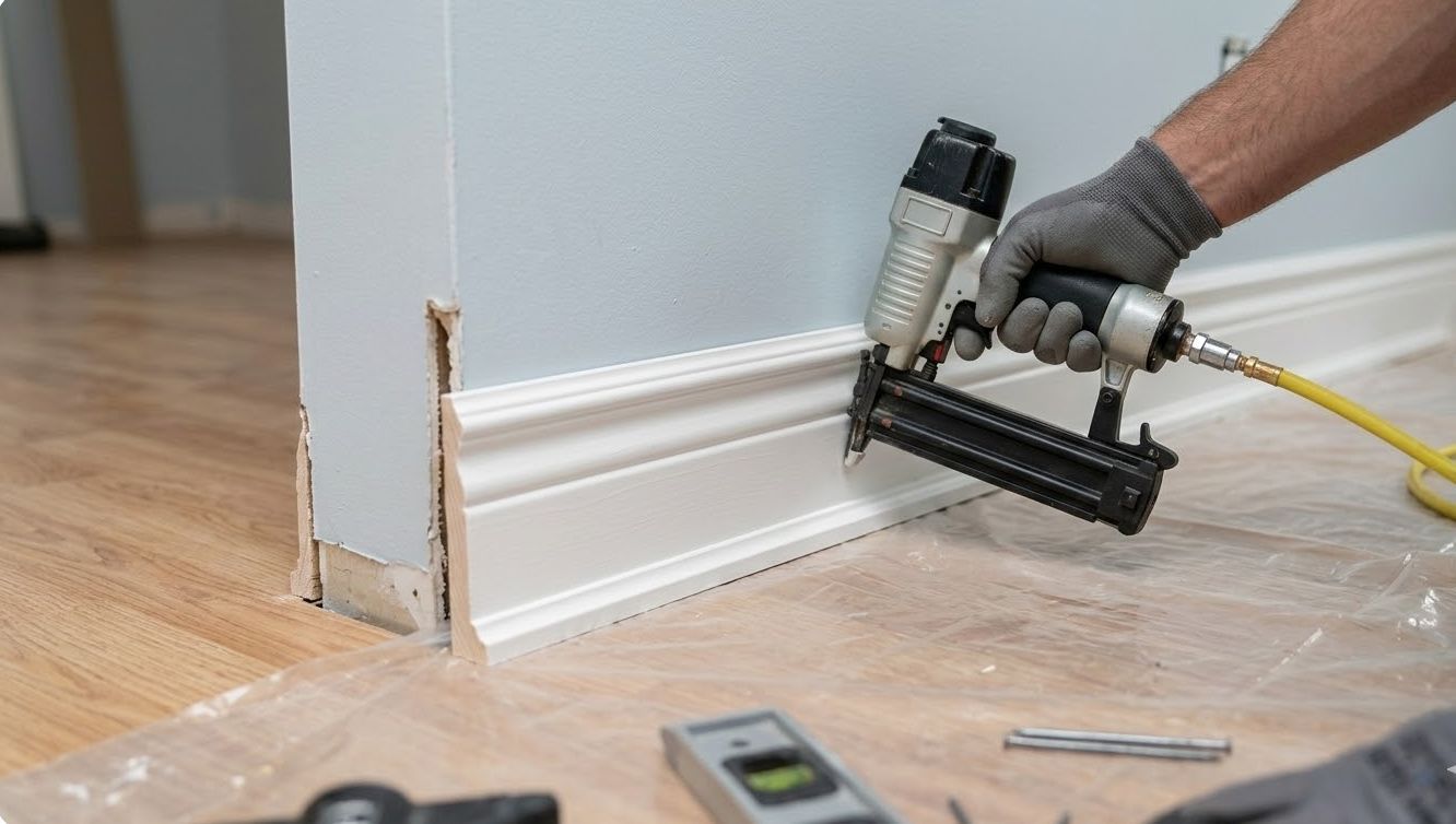 Contractor using a nail gun to install white baseboard molding.