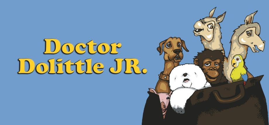 Doctor Dolittle JR. title with several animals poking out of a bag on a blue background.