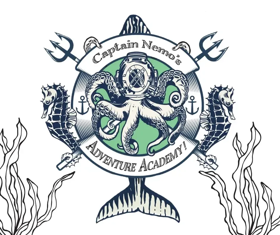 Captain Nemo's Adventure Academy logo: octopus with diving helmet, seahorses, tridents, and text on a white background.