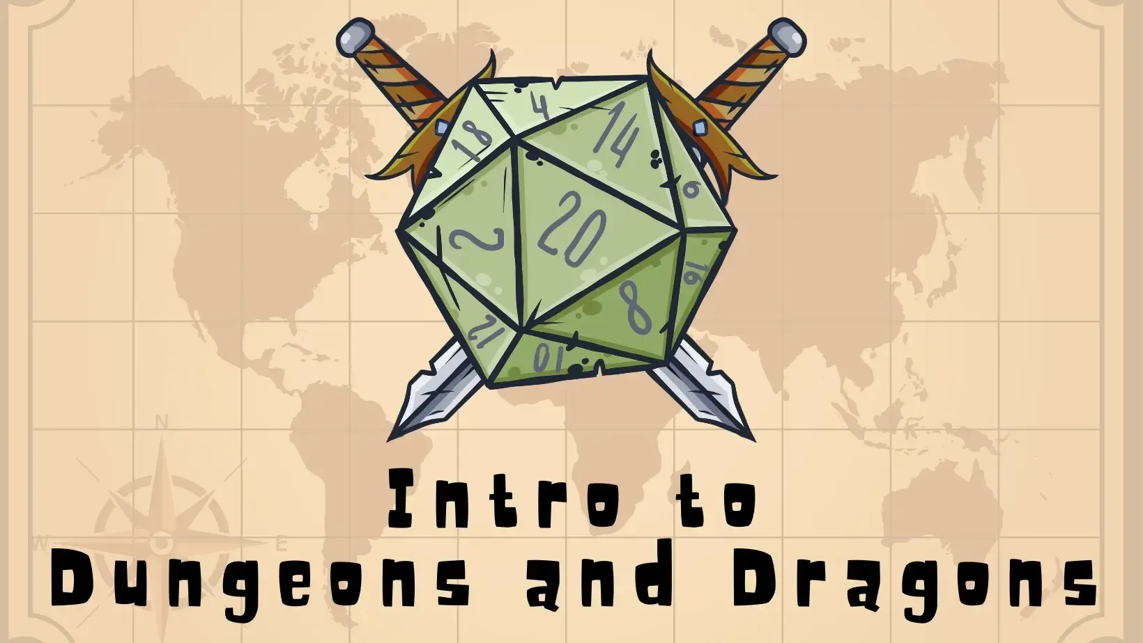 A green 20-sided die with crossed swords against a world map, text reads 
