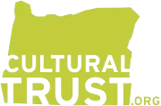 Oregon Cultural Trust logo in green and white. State outline with 