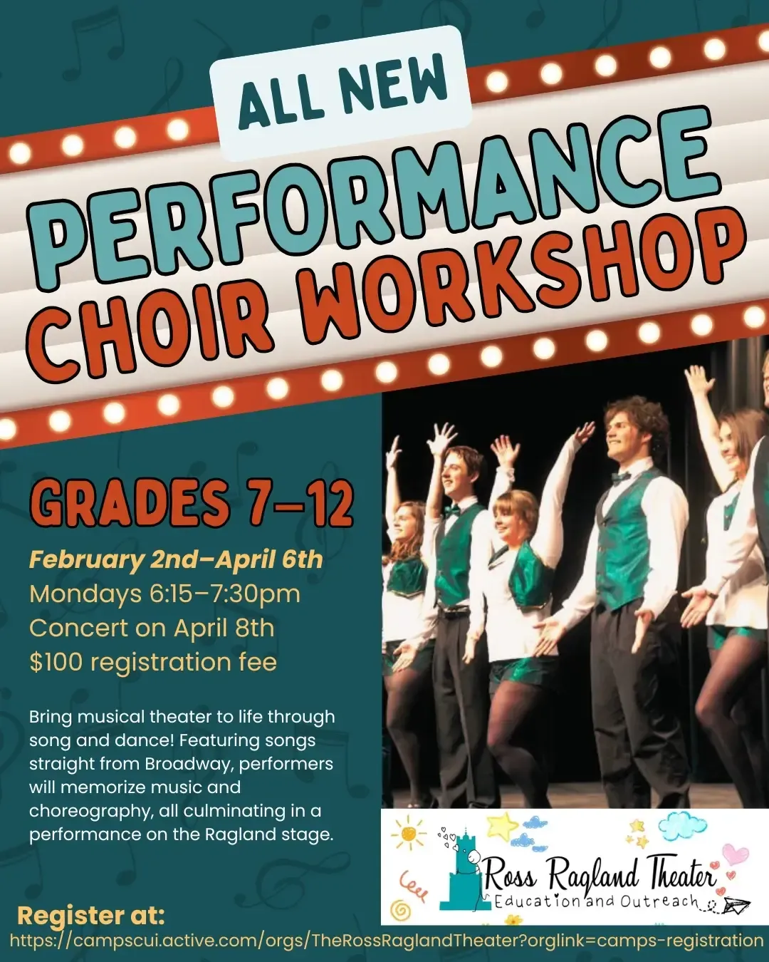Poster for a choir workshop for grades 7-12. Includes dates, times, and registration information.