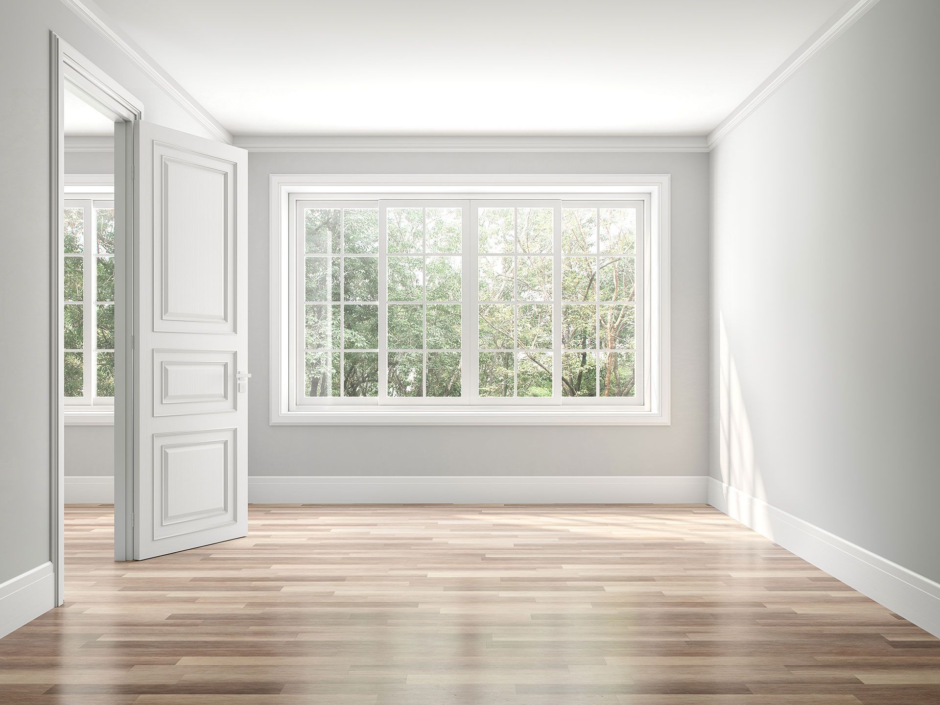 Empty classical style room 3d render,The rooms have wooden floors and gray walls ,decorate with white moulding,there white window looking out to the balcony and nature view