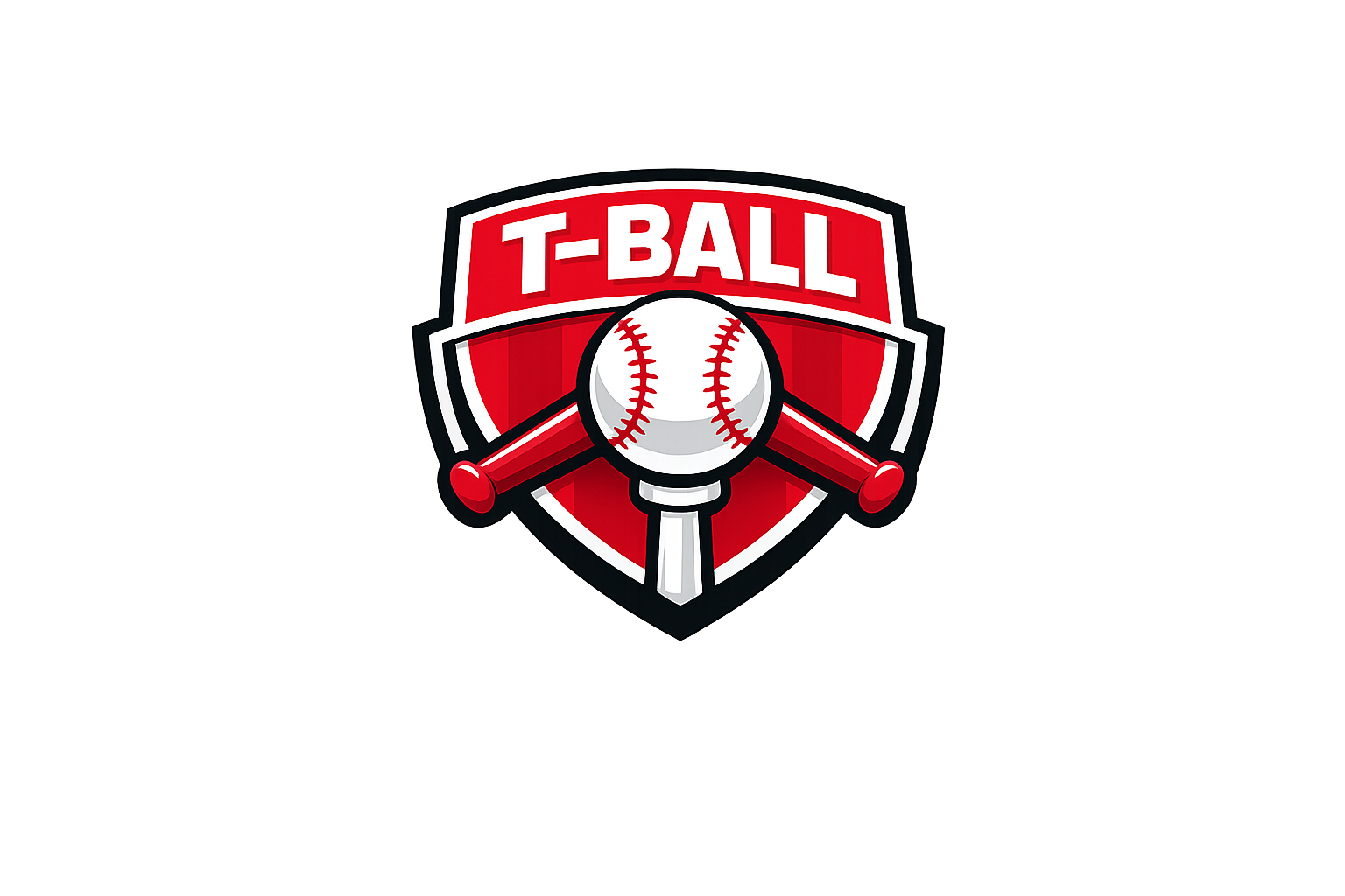 T-ball logo: Red shield with a baseball and bat, and the words 