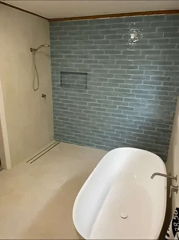 Bathroom With Blue Brick-style Tiled Shower Wall — Precise Plumbing & Drainage In Conder, ACT