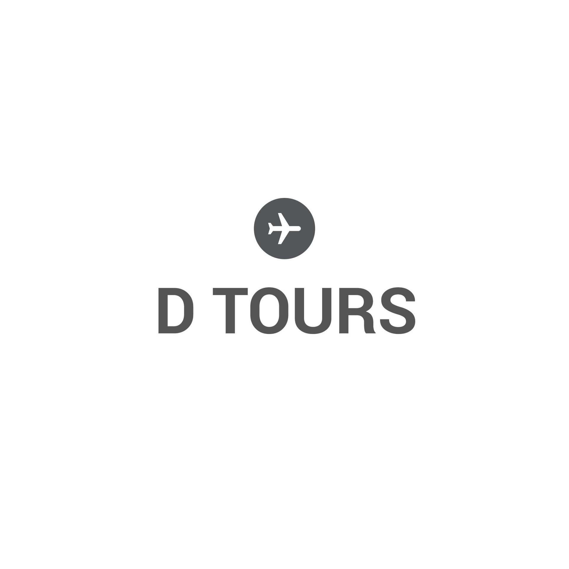 A logo for a company called d tours with an airplane in a circle.