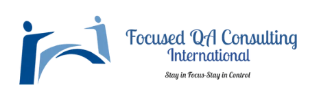 A blue logo for focused qa consulting international