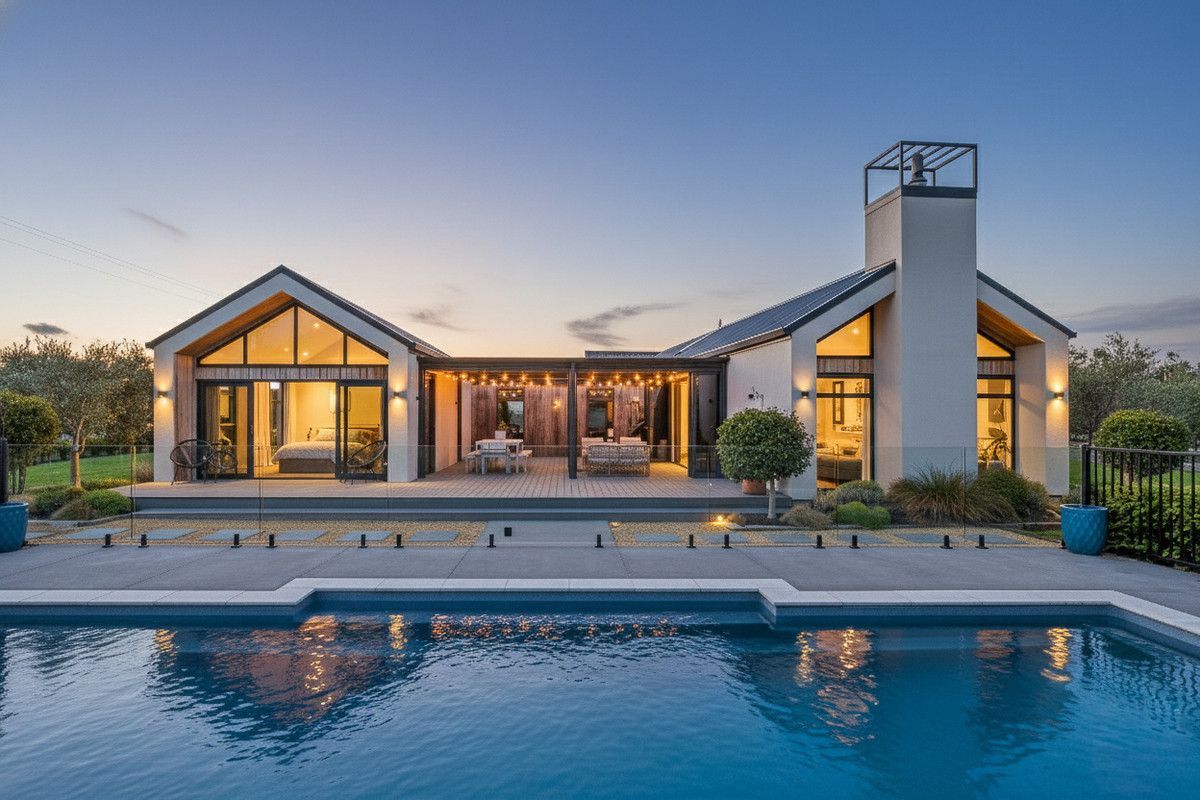 Bedroom with bed, large windows open to a patio and yard, telescope.