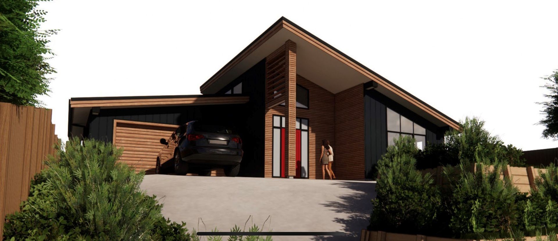 Modern house with brick and dark siding. Car in carport. Person near front door.