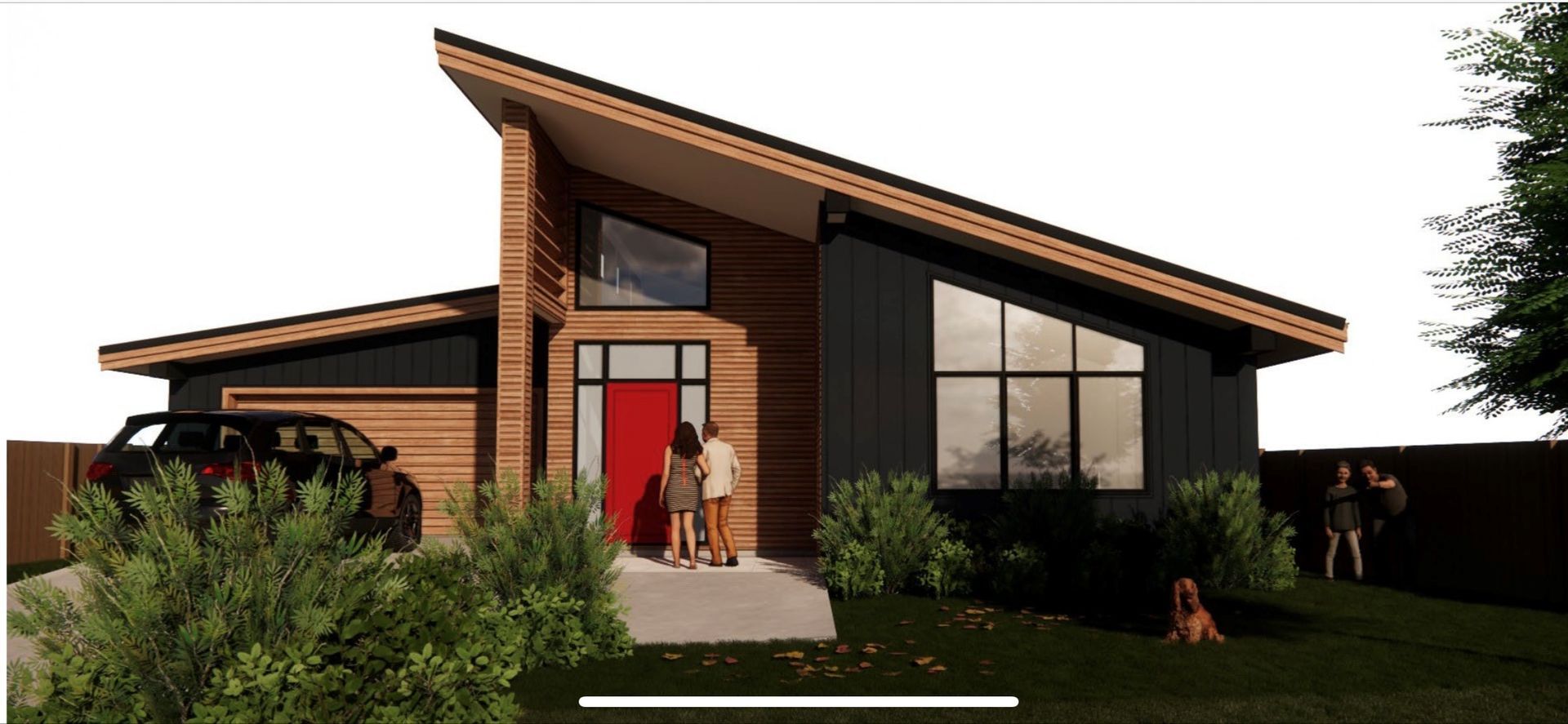 Modern home with a red door. People stand in the entrance. A car in the driveway and a dog in the yard.