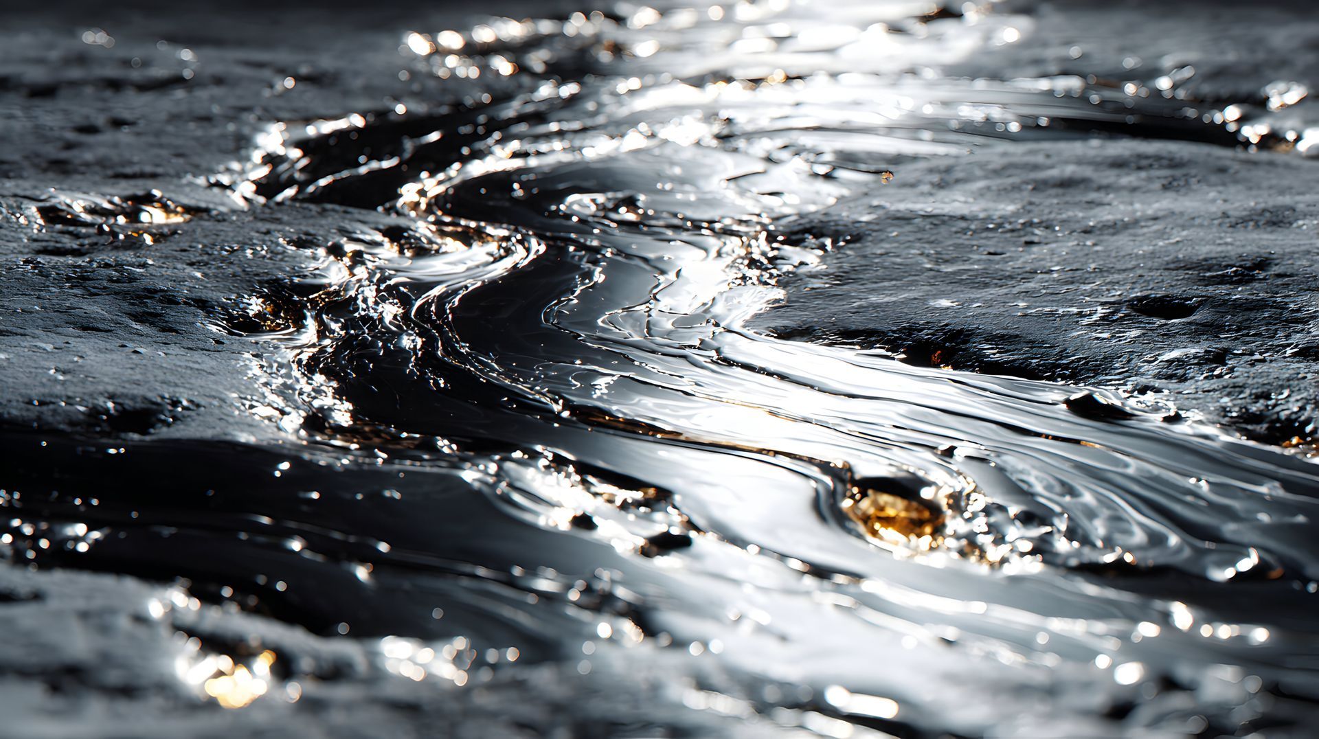 Close-up of thick, shimmering oil on a dark surface during a petroleum spill cleanup operation.