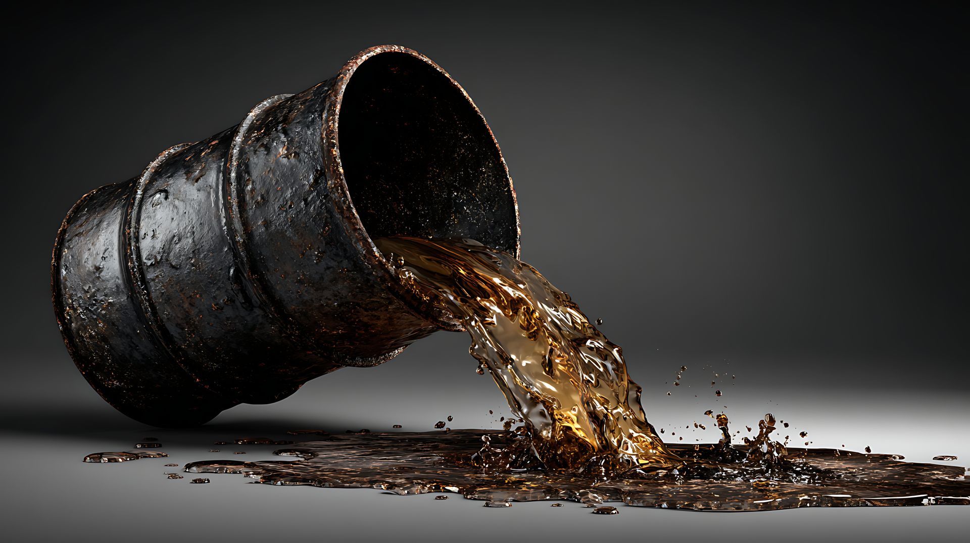 Dark barrel pouring thick oil onto a gray surface, highlighting petroleum spill cleanup needs.