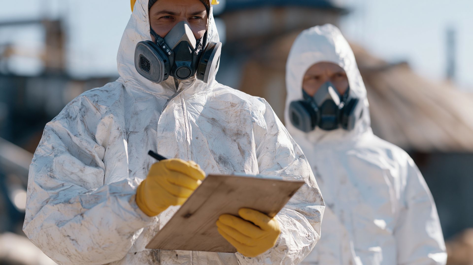 Hazmat workers in protective suits and respirators reviewing spill response documentation at an indu