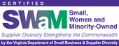 Certified SWaM logo in purple and green with “Small, Women and Minority-Owned” text on white background