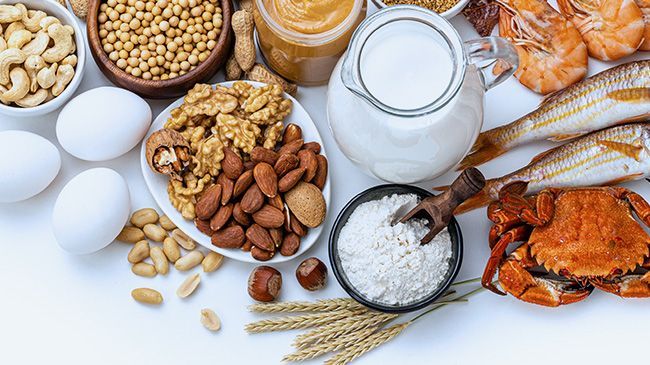 A table topped with bowls of nuts , eggs , milk , rice , and fish.