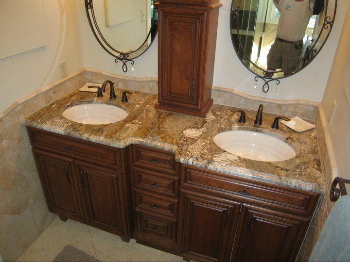 Double sink with wooden cabinet — Powhatan, VA — Commonwealth Countertops