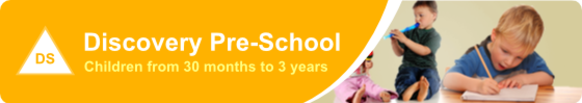 An advertisement for discovery preschool shows children from 30 months to 3 years