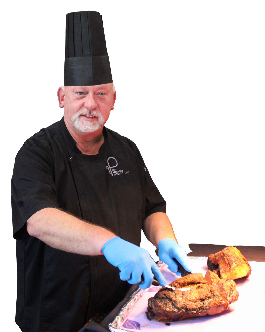 A chef with her arms crossed in front of a logo