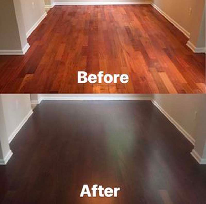 A before and after photo of a wooden floor.