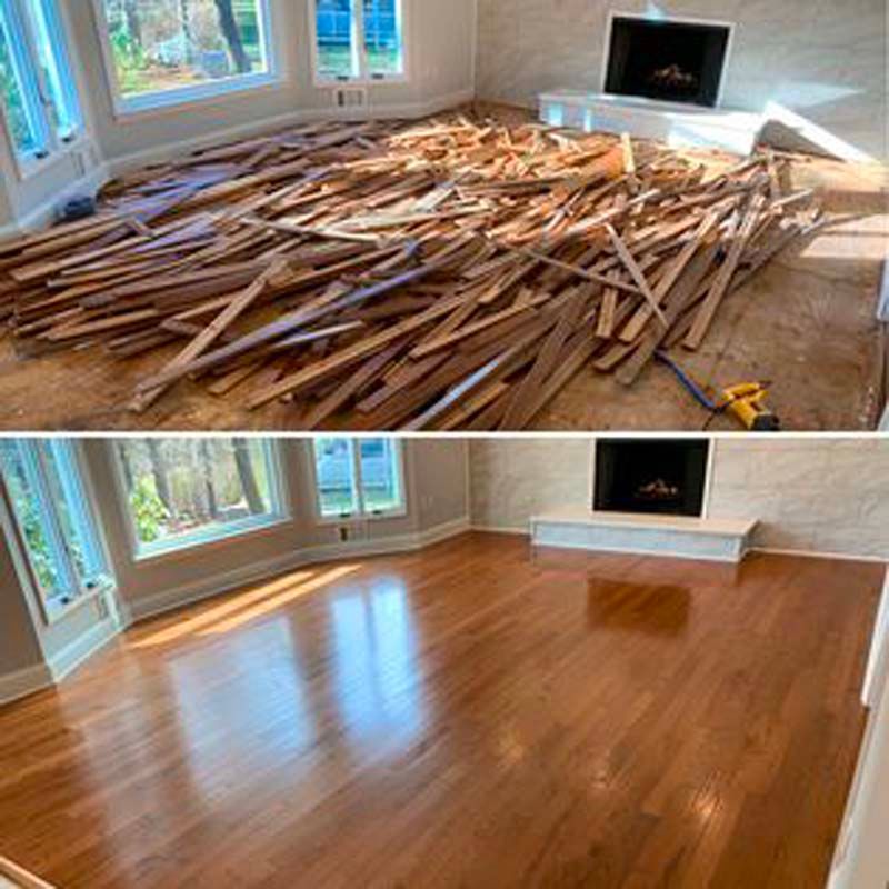 A before and after photo of a living room with hardwood floors and a fireplace.