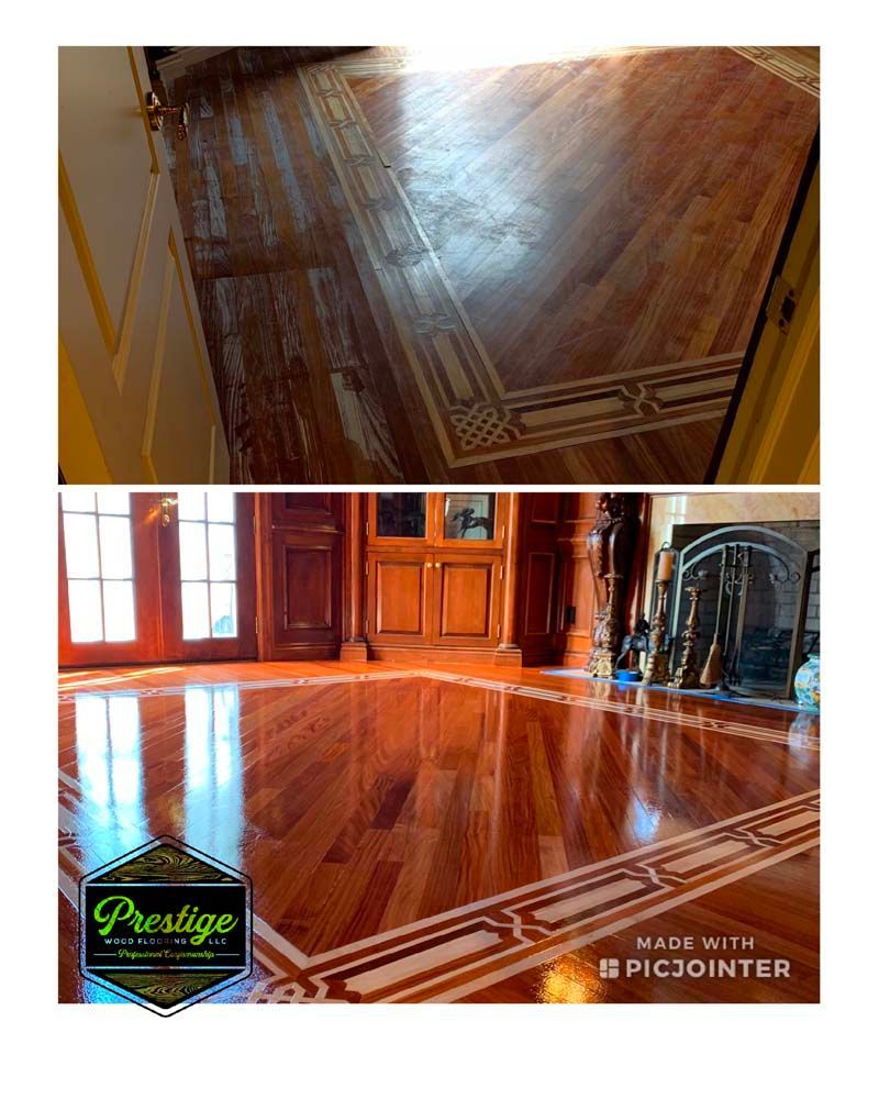 A before and after photo of a wooden floor in a living room.